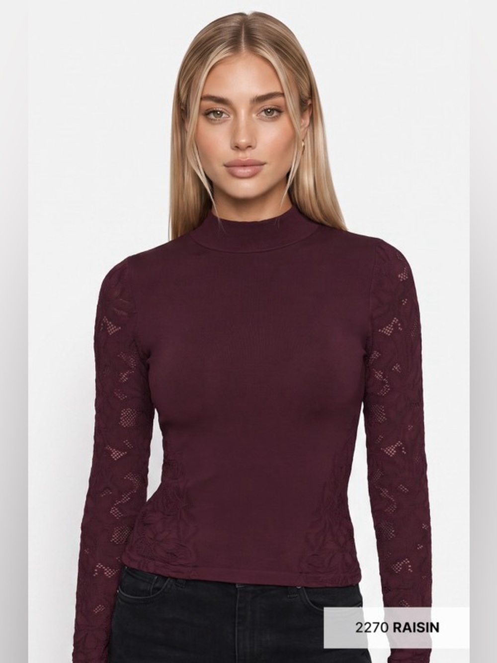 Raisin Seamless Mock Neck Lace Long Sleeve Top